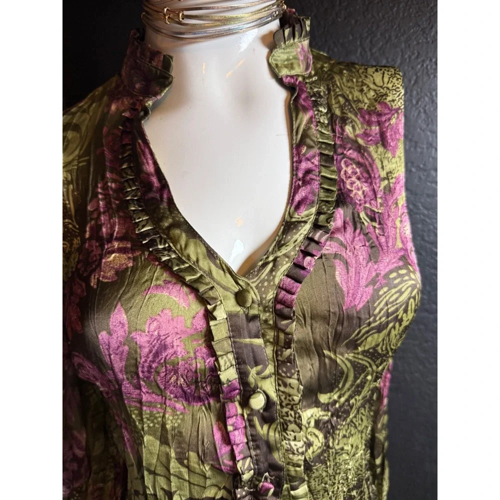 Agora Crinkle Pleat Floral Paisley Ruffle Blouse Olive Magenta Large